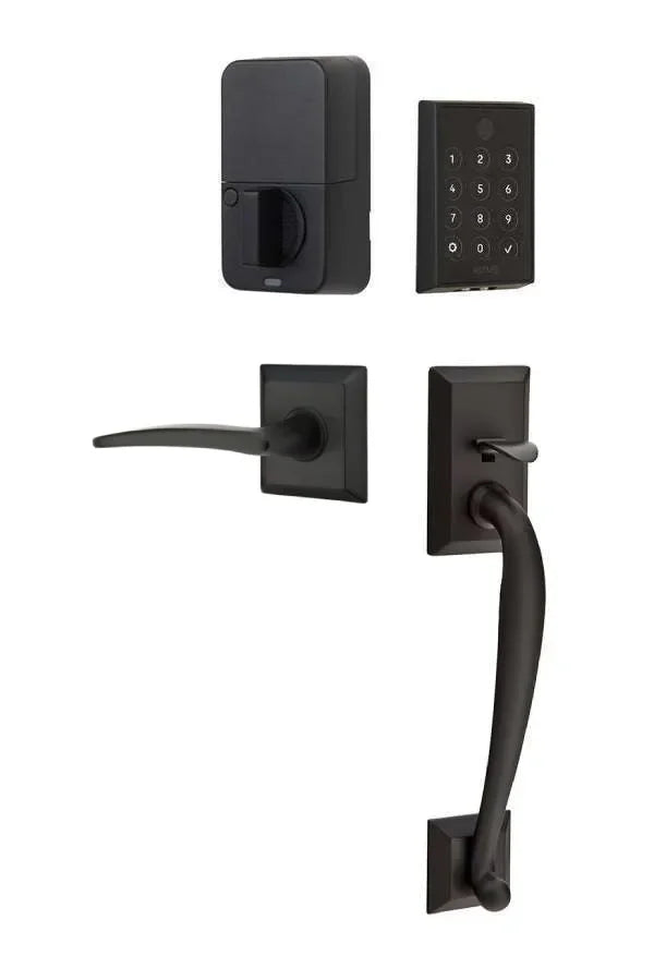 Emtek EMPowered 2 Touch Entry Set with Franklin Grip and Poseidon Lever Flat Black