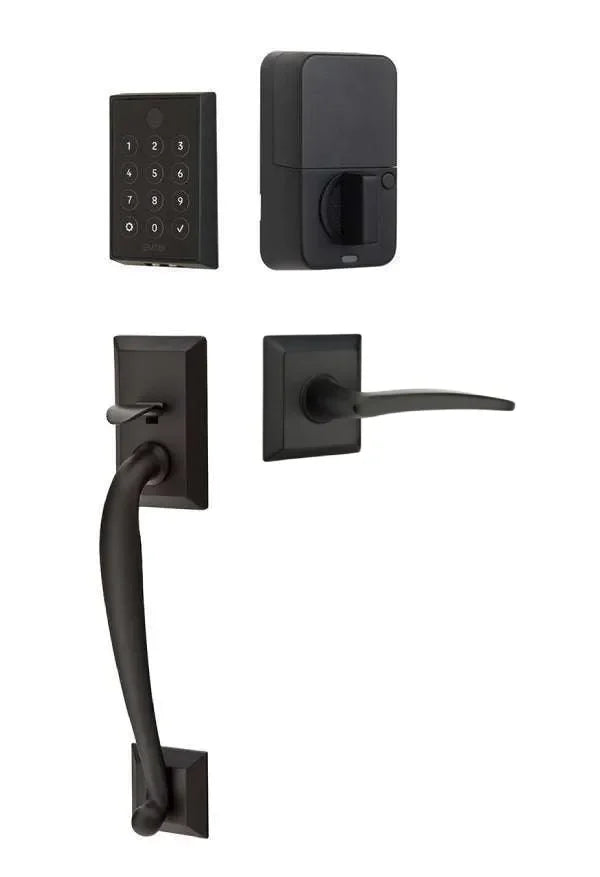 Emtek EMPowered 2 Touch Entry Set with Franklin Grip and Poseidon Lever Flat Black