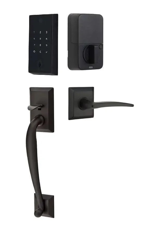 Emtek EMPowered 2 Touch Entry Set with Franklin Grip and Poseidon Lever Flat Black