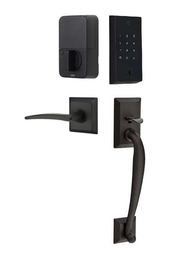 Emtek EMPowered 2 Touch Entry Set with Franklin Grip and Poseidon Lever Flat Black