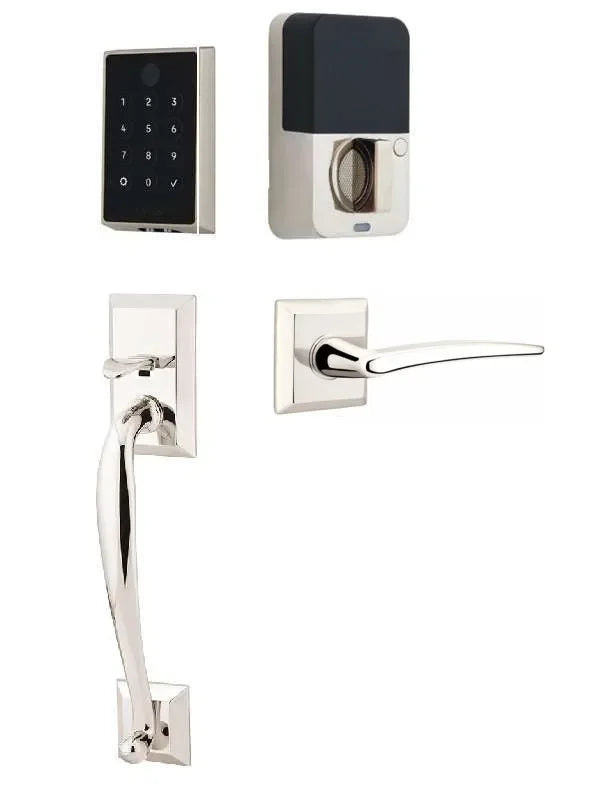 Emtek EMPowered 2 Touch Entry Set with Franklin Grip and Poseidon Lever Lifetime Polished Nickel