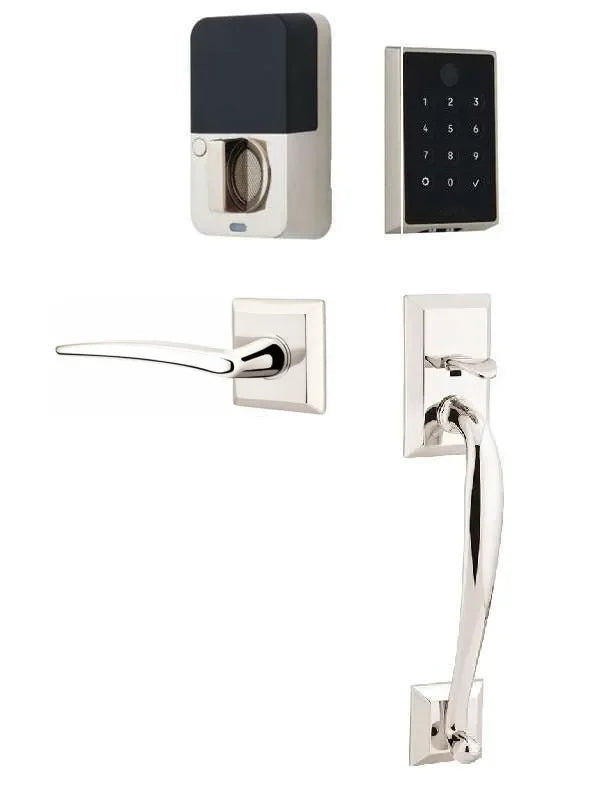 Emtek EMPowered 2 Touch Entry Set with Franklin Grip and Poseidon Lever Lifetime Polished Nickel