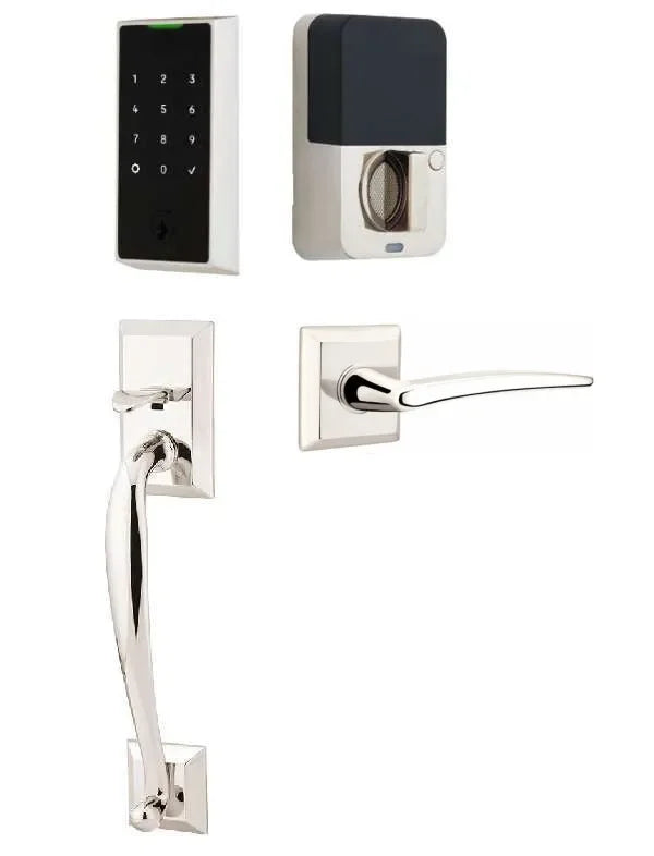 Emtek EMPowered 2 Touch Entry Set with Franklin Grip and Poseidon Lever Lifetime Polished Nickel