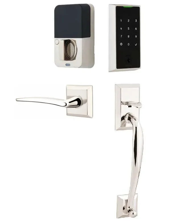 Emtek EMPowered 2 Touch Entry Set with Franklin Grip and Poseidon Lever Lifetime Polished Nickel
