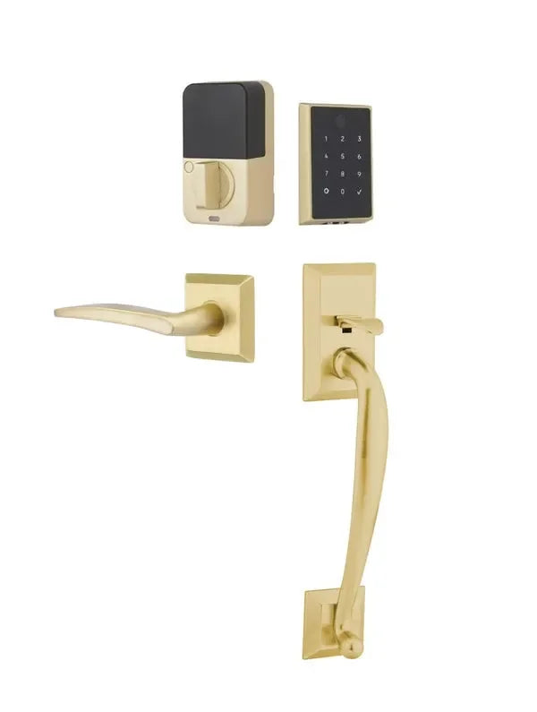 Emtek EMPowered 2 Touch Entry Set with Franklin Grip and Poseidon Lever Satin Brass