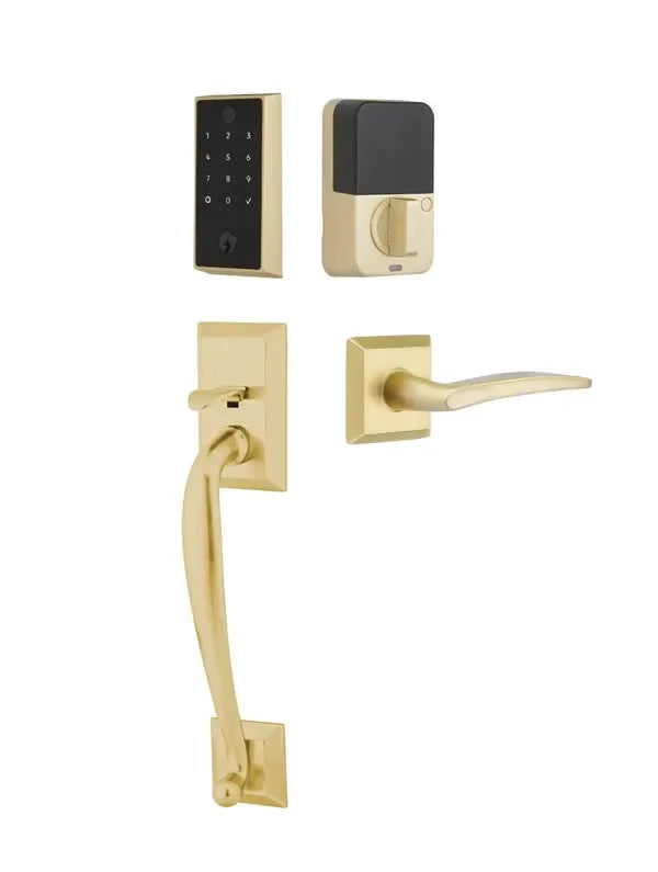 Emtek EMPowered 2 Touch Entry Set with Franklin Grip and Poseidon Lever Satin Brass