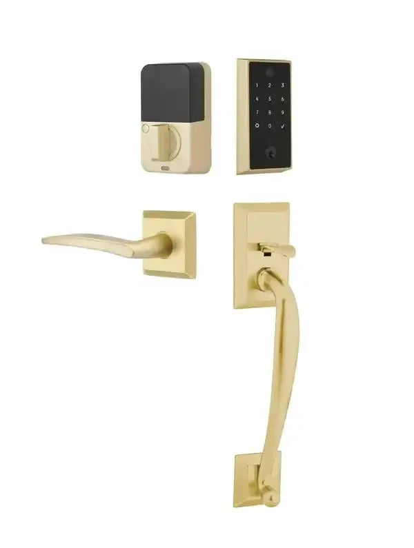 Emtek EMPowered 2 Touch Entry Set with Franklin Grip and Poseidon Lever in Satin Brass finish