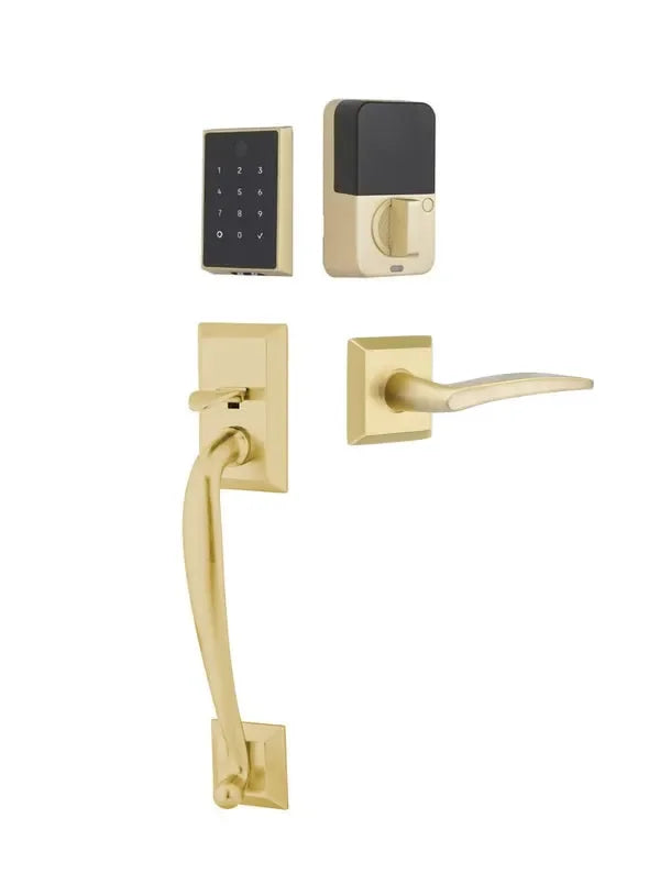 Emtek EMPowered 2 Touch Entry Set with Franklin Grip and Poseidon Lever Satin Brass