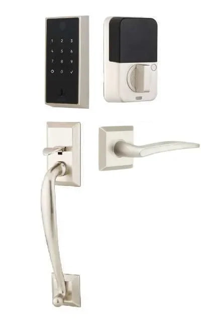Emtek EMPowered 2 Touch Entry Set with Franklin Grip and Poseidon Lever Satin Nickel