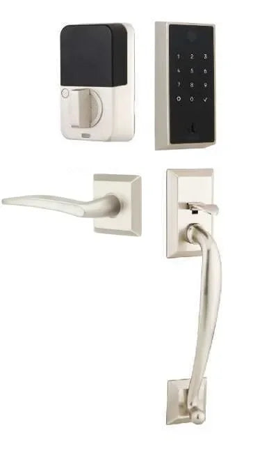 Emtek EMPowered 2 Touch Entry Set with Franklin Grip and Poseidon Lever Satin Nickel