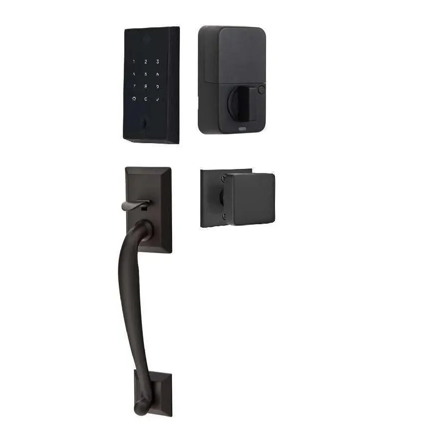 Emtek EMPowered 2 Touch Entry Set with Franklin Grip and Square Knob Flat Black