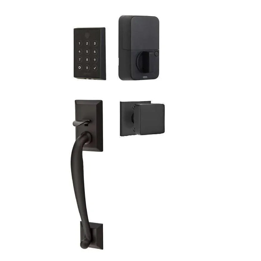 Emtek EMPowered 2 Touch Entry Set with Franklin Grip and Square Knob Flat Black