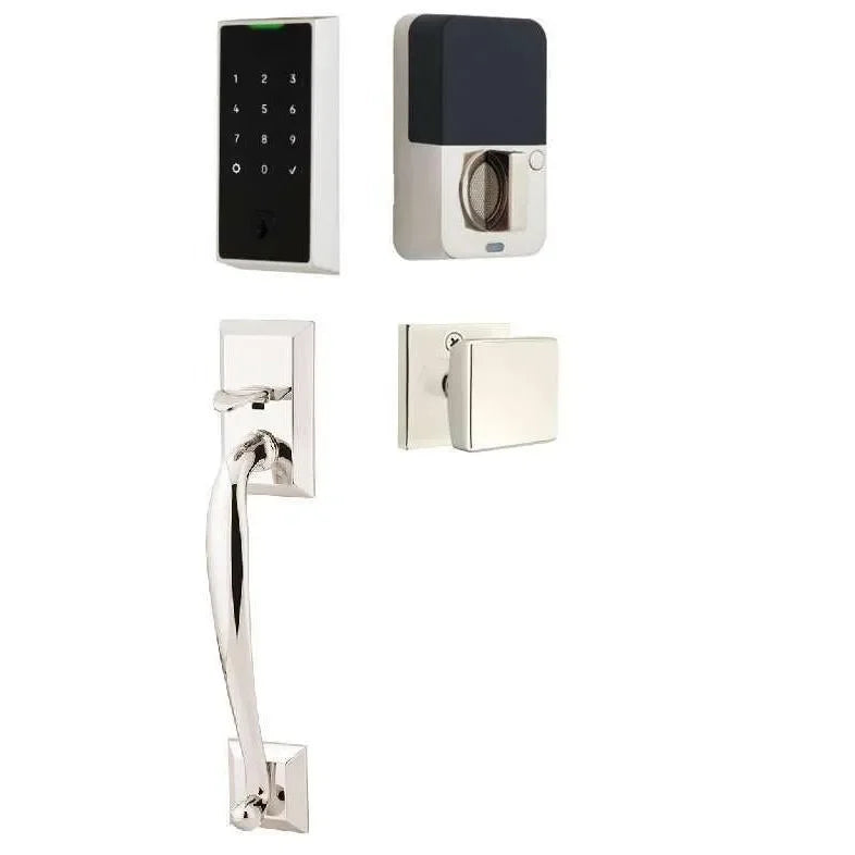 Emtek EMPowered 2 Touch Entry Set with Franklin Grip and Square Knob Lifetime Polished Nickel