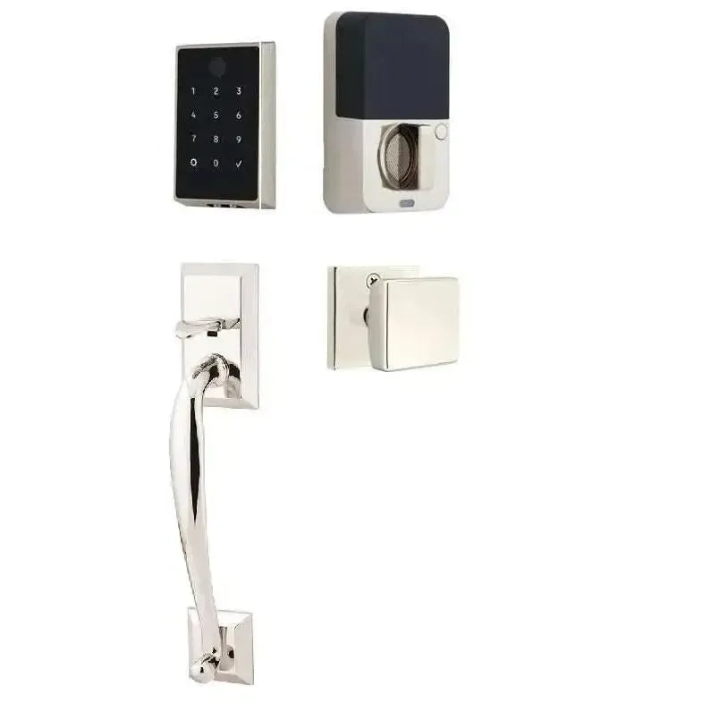 Emtek EMPowered 2 Touch Entry Set with Franklin Grip and Square Knob in Lifetime Polished Nickel finish