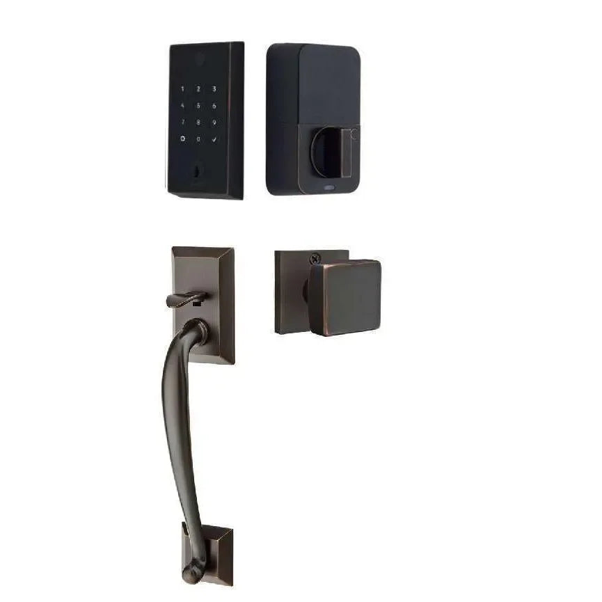 Emtek EMPowered 2 Touch Entry Set with Franklin Grip and Square Knob Oil Rubbed Bronze