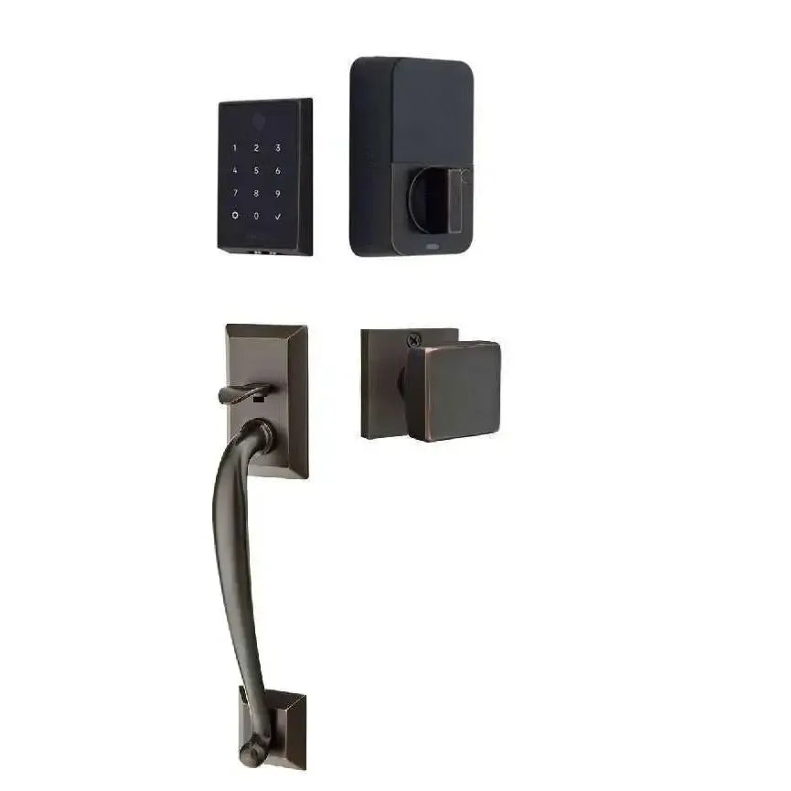 Emtek EMPowered 2 Touch Entry Set with Franklin Grip and Square Knob in Oil Rubbed Bronze finish