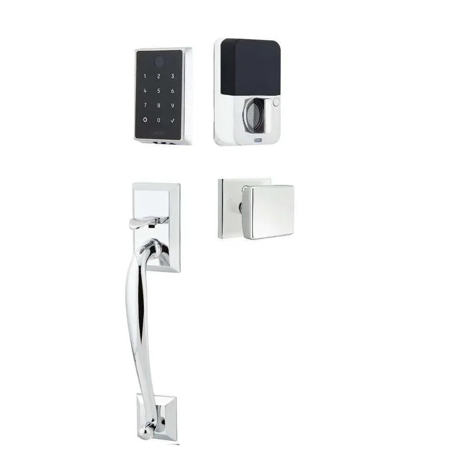 Emtek EMPowered 2 Touch Entry Set with Franklin Grip and Square Knob Polished Chrome