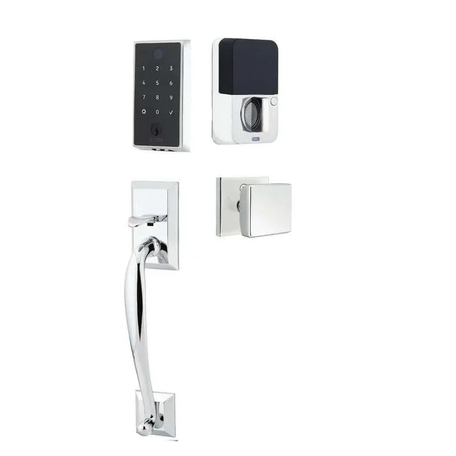 Emtek EMPowered 2 Touch Entry Set with Franklin Grip and Square Knob Polished Chrome
