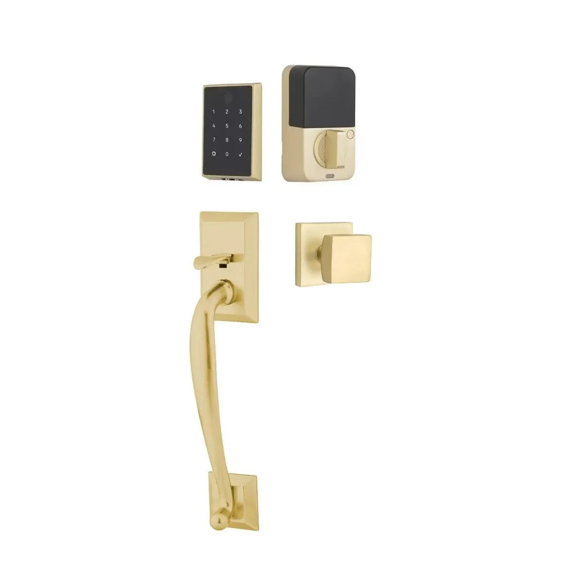 Emtek EMPowered 2 Touch Entry Set with Franklin Grip and Square Knob Satin Brass