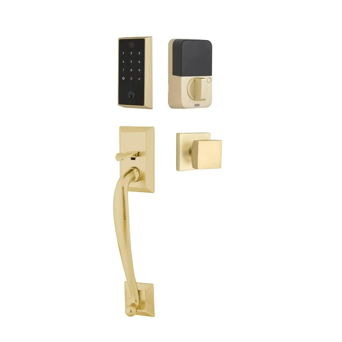 Emtek EMPowered 2 Touch Entry Set with Franklin Grip and Square Knob Satin Brass