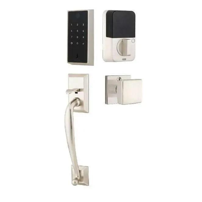 Emtek EMPowered 2 Touch Entry Set with Franklin Grip and Square Knob Satin Nickel