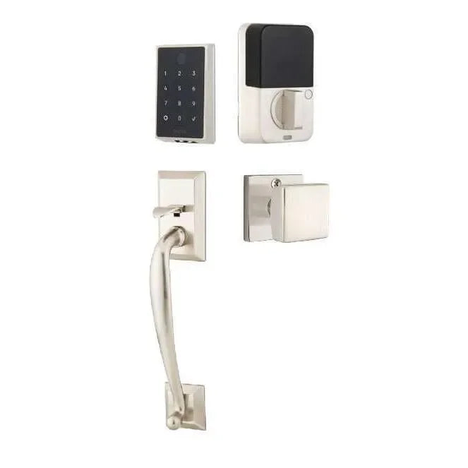 Emtek EMPowered 2 Touch Entry Set with Franklin Grip and Square Knob Satin Nickel