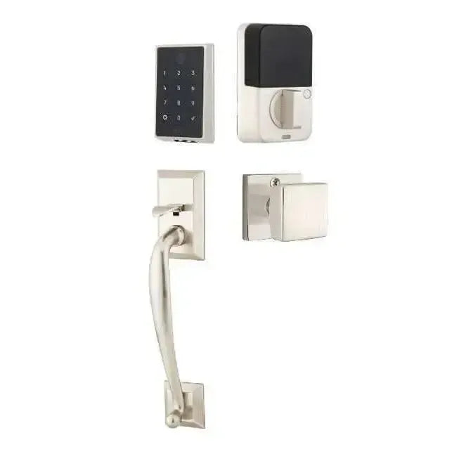 Emtek EMPowered 2 Touch Entry Set with Franklin Grip and Square Knob in Satin Nickel finish