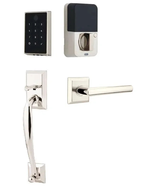 Emtek EMPowered 2 Touch Entry Set with Franklin Grip and Stuttgart Lever Lifetime Polished Nickel