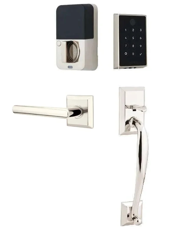Emtek EMPowered 2 Touch Entry Set with Franklin Grip and Stuttgart Lever Lifetime Polished Nickel
