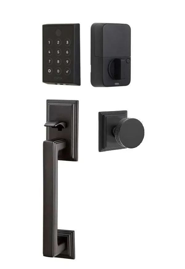 Emtek EMPowered 2 Touch Entry Set with Hamden Grip and Bern Knob Flat Black