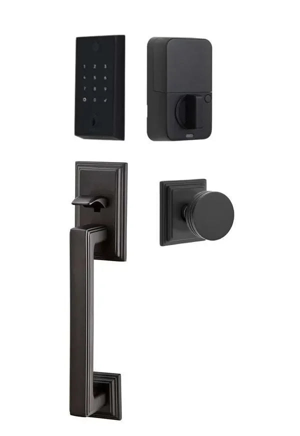 Emtek EMPowered 2 Touch Entry Set with Hamden Grip and Bern Knob Flat Black