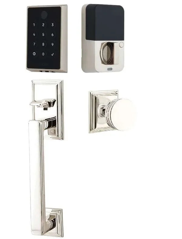 Emtek EMPowered 2 Touch Entry Set with Hamden Grip and Bern Knob Lifetime Polished Nickel