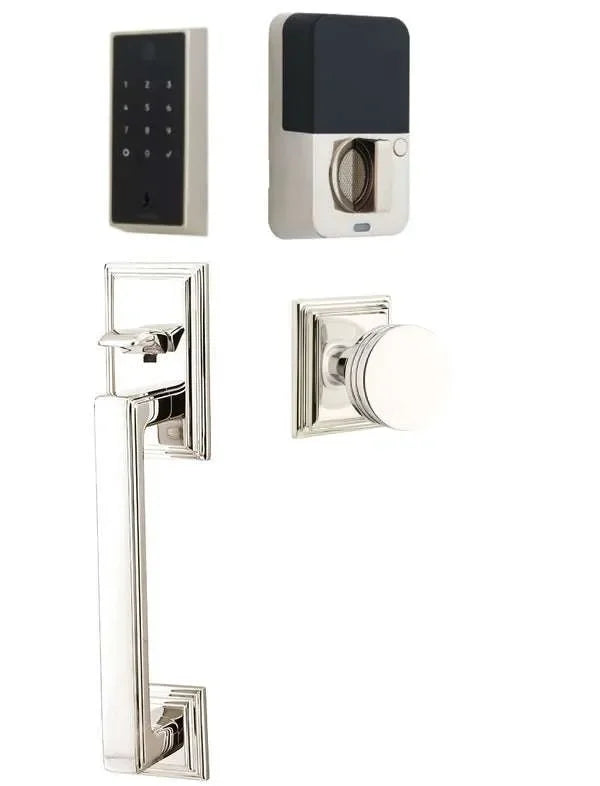 Emtek EMPowered 2 Touch Entry Set with Hamden Grip and Bern Knob Lifetime Polished Nickel