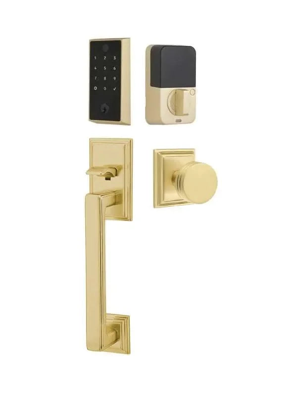 Emtek EMPowered 2 Touch Entry Set with Hamden Grip and Bern Knob Satin Brass