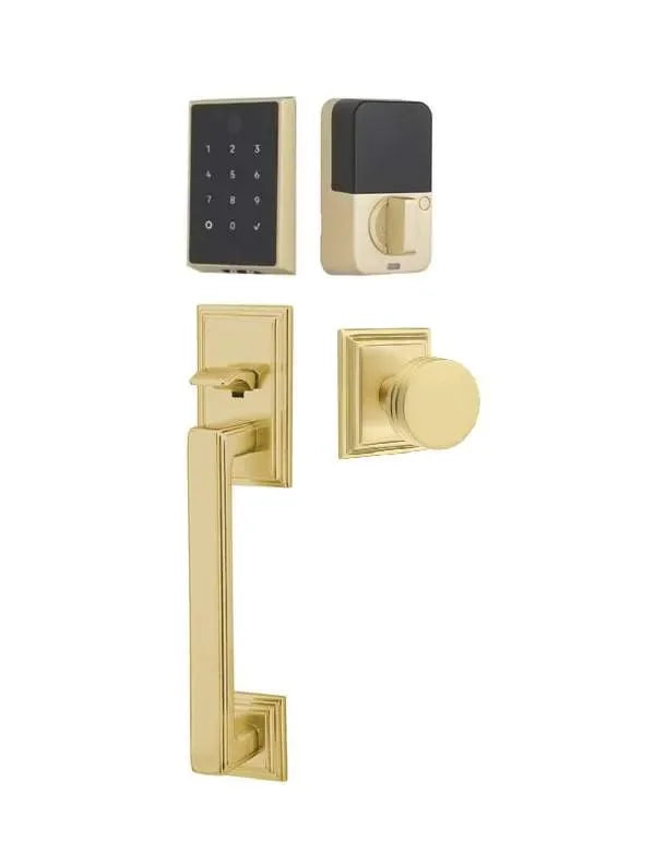 Emtek EMPowered 2 Touch Entry Set with Hamden Grip and Bern Knob Satin Brass