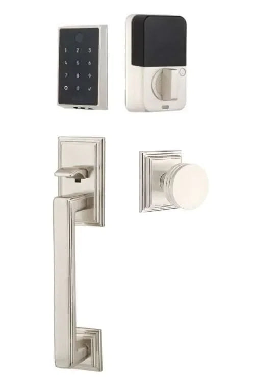 Emtek EMPowered 2 Touch Entry Set with Hamden Grip and Bern Knob Satin Nickel