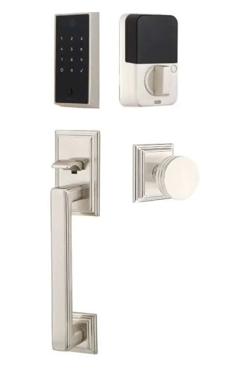 Emtek EMPowered 2 Touch Entry Set with Hamden Grip and Bern Knob Satin Nickel