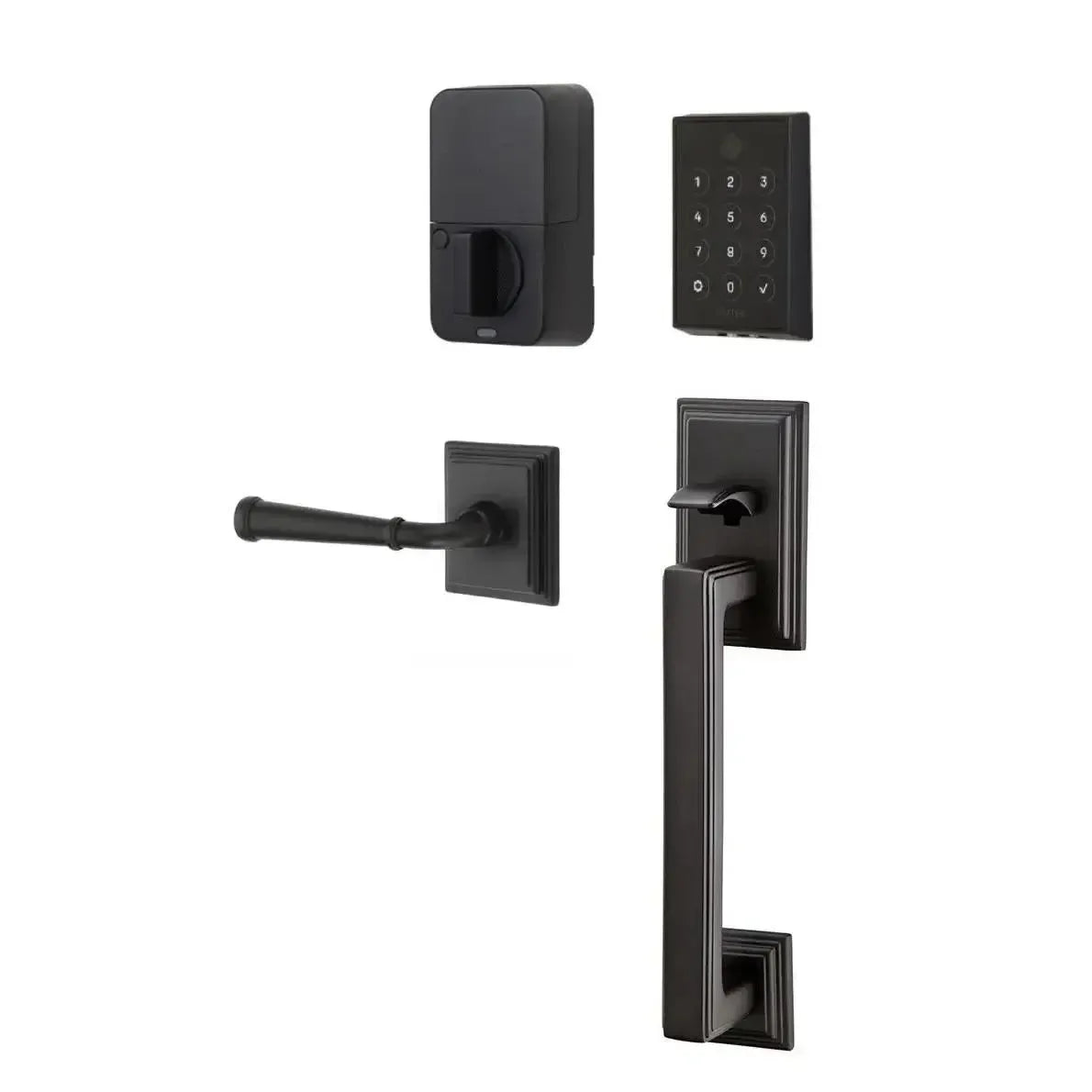 Emtek EMPowered 2 Touch Entry Set with Hamden Grip and Merrimack Lever in Flat Black finish