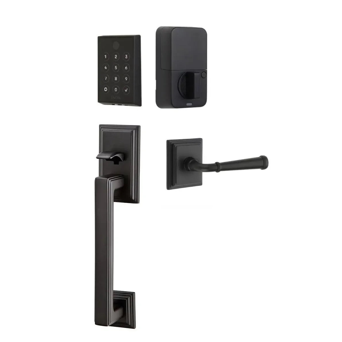 Emtek EMPowered 2 Touch Entry Set with Hamden Grip and Merrimack Lever Flat Black