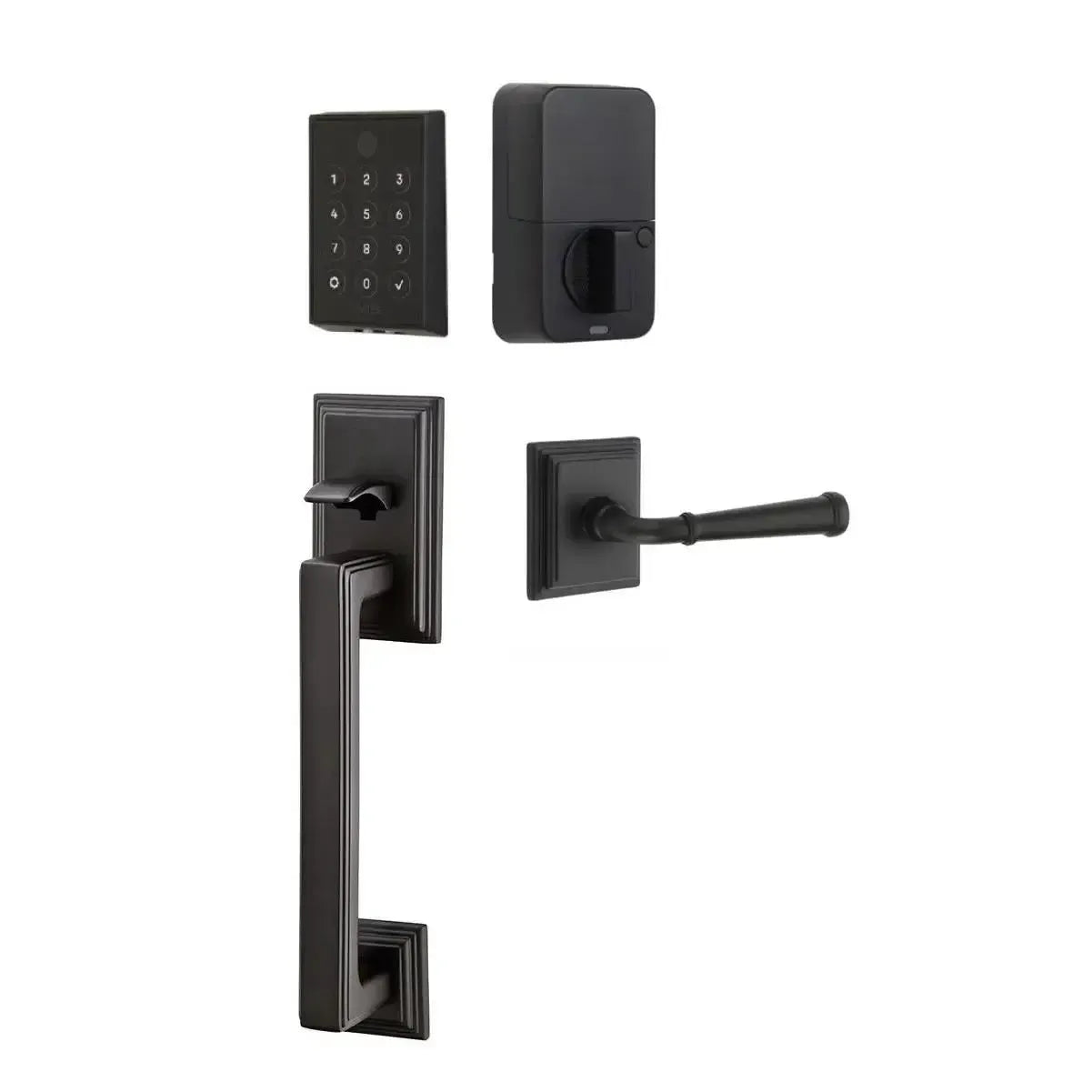 Emtek EMPowered 2 Touch Entry Set with Hamden Grip and Merrimack Lever in Flat Black finish