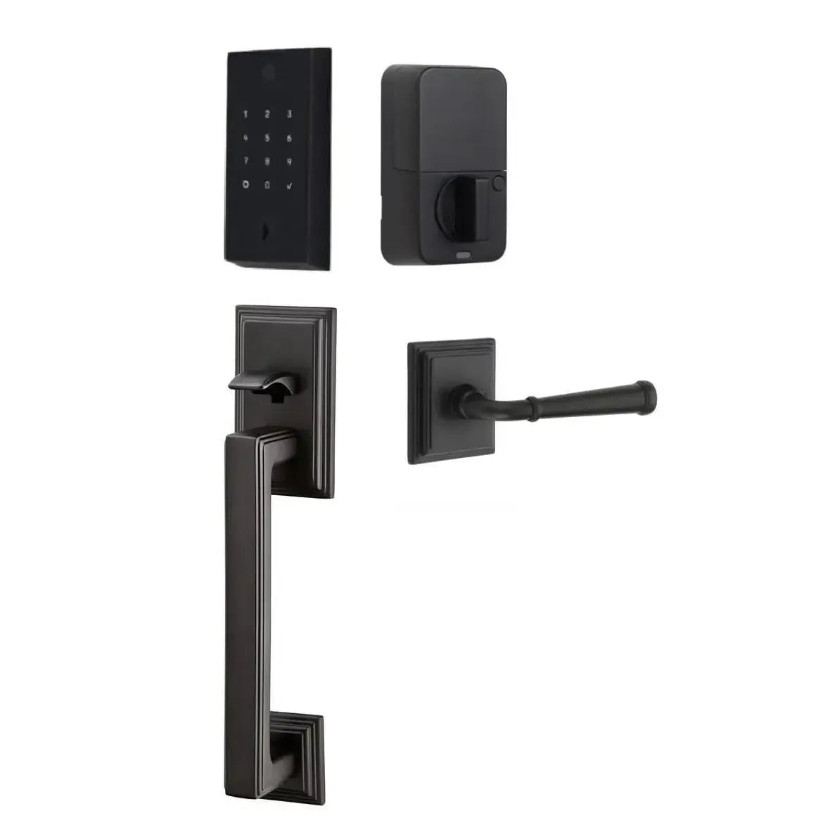 Emtek EMPowered 2 Touch Entry Set with Hamden Grip and Merrimack Lever in Flat Black finish