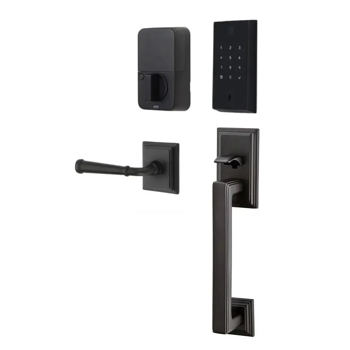 Emtek EMPowered 2 Touch Entry Set with Hamden Grip and Merrimack Lever in Flat Black finish