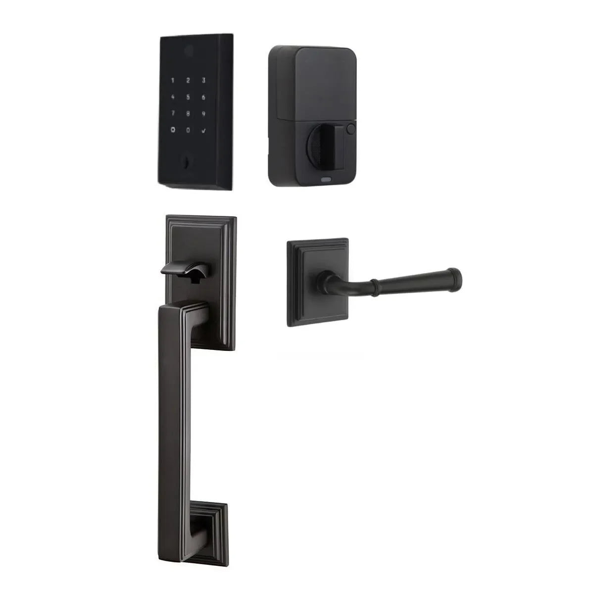Emtek EMPowered 2 Touch Entry Set with Hamden Grip and Merrimack Lever Flat Black