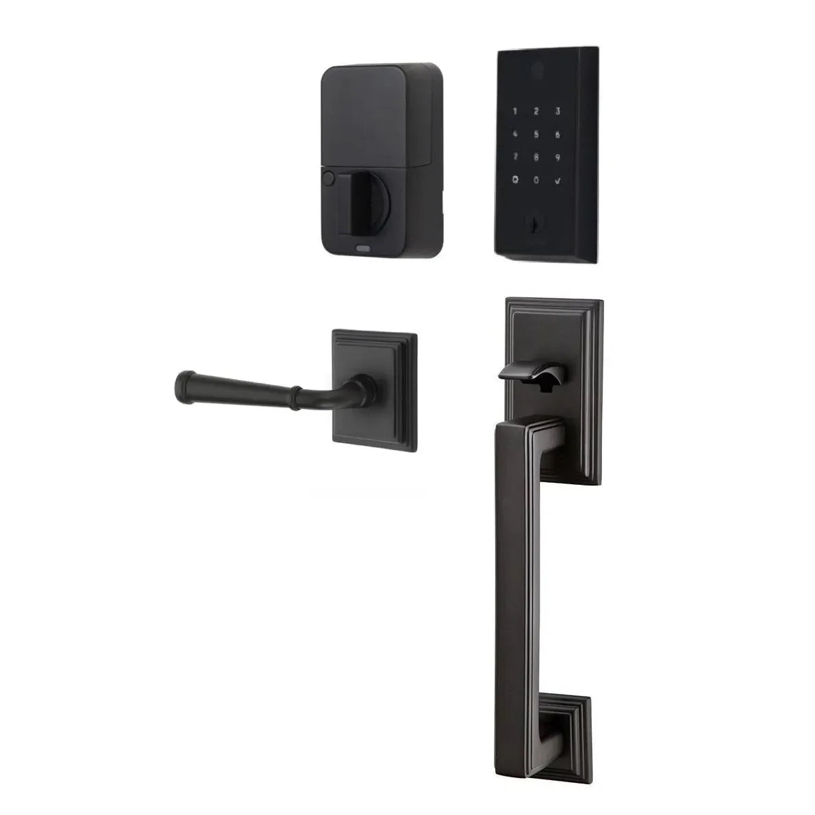 Emtek EMPowered 2 Touch Entry Set with Hamden Grip and Merrimack Lever Flat Black