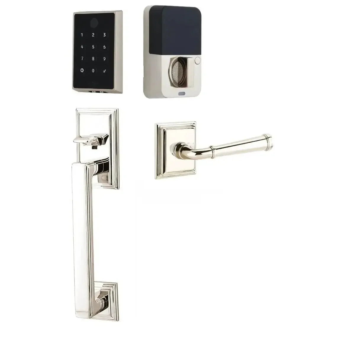 Emtek EMPowered 2 Touch Entry Set with Hamden Grip and Merrimack Lever in Lifetime Polished Nickel finish