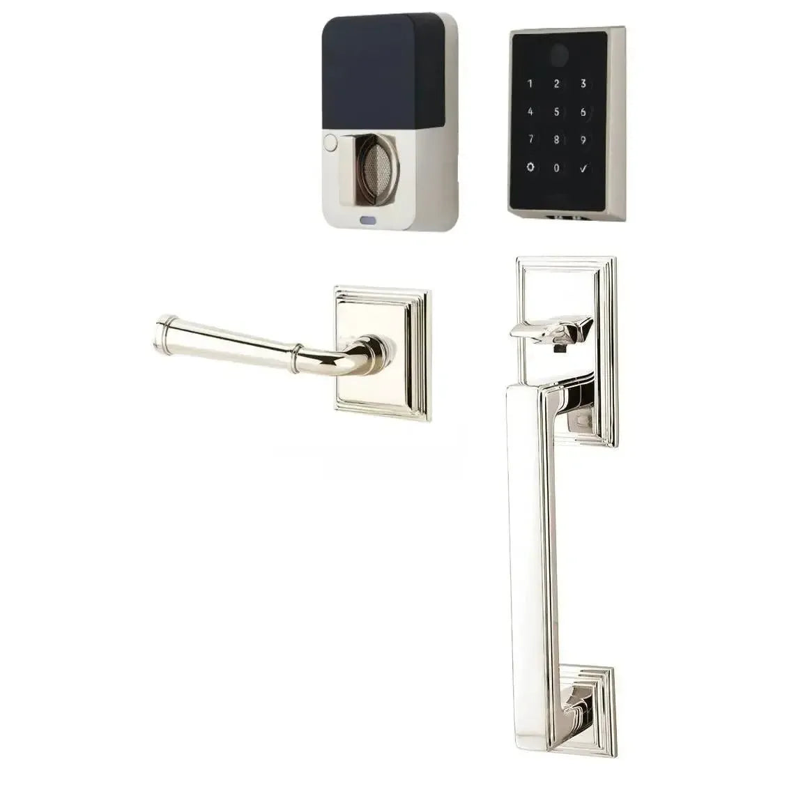 Emtek EMPowered 2 Touch Entry Set with Hamden Grip and Merrimack Lever in Lifetime Polished Nickel finish