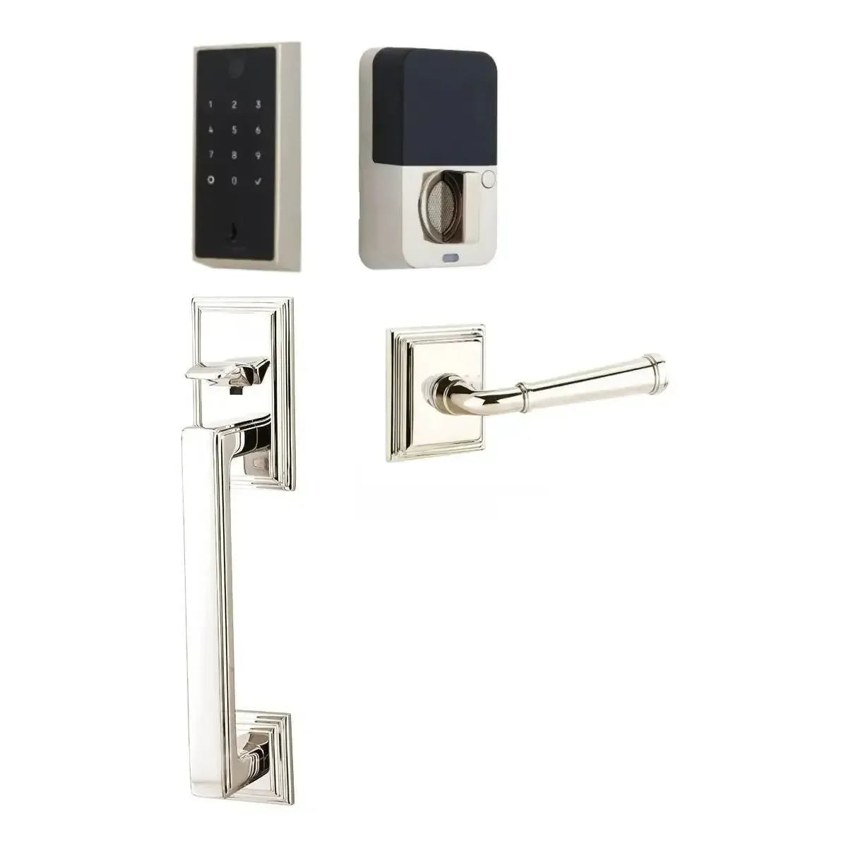 Emtek EMPowered 2 Touch Entry Set with Hamden Grip and Merrimack Lever in Lifetime Polished Nickel finish