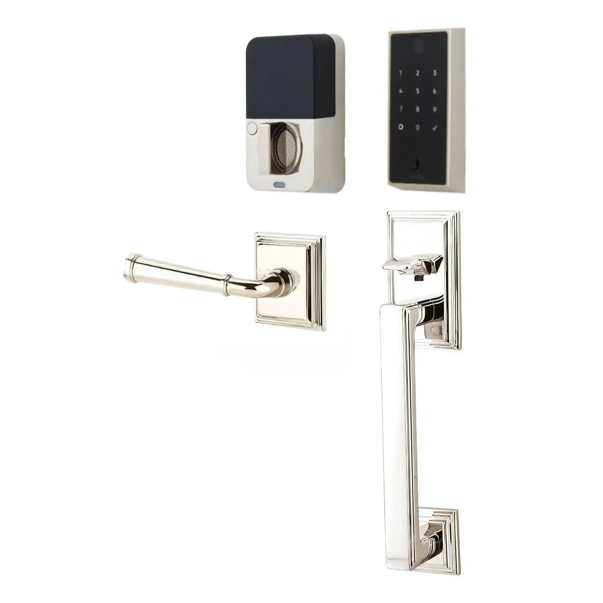 Emtek EMPowered 2 Touch Entry Set with Hamden Grip and Merrimack Lever Lifetime Polished Nickel