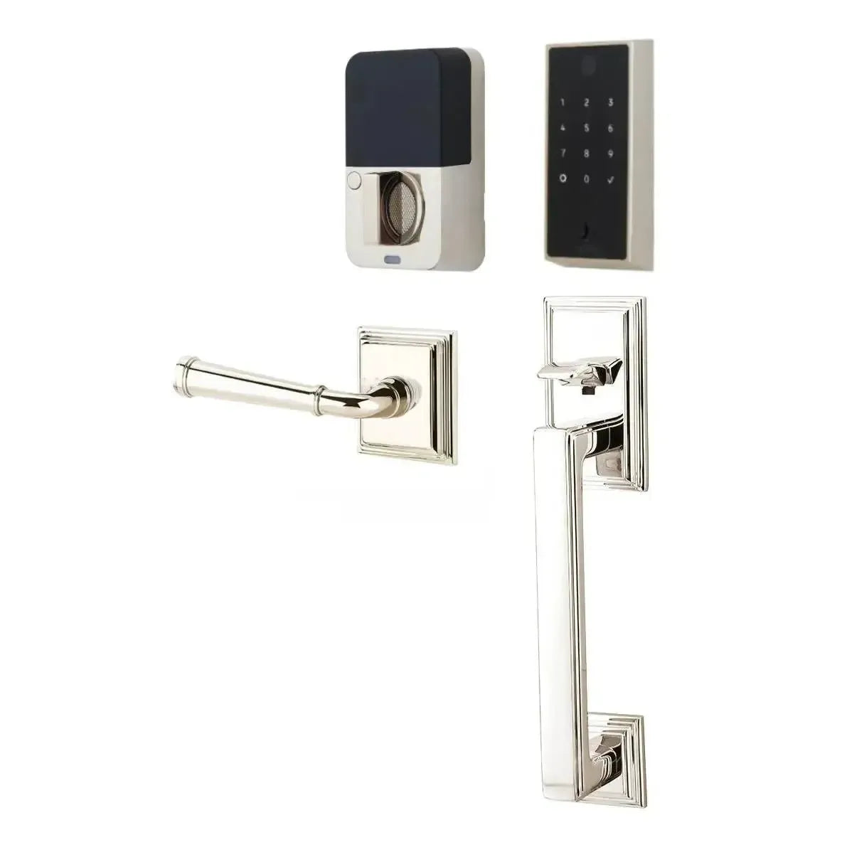 Emtek EMPowered 2 Touch Entry Set with Hamden Grip and Merrimack Lever in Lifetime Polished Nickel finish