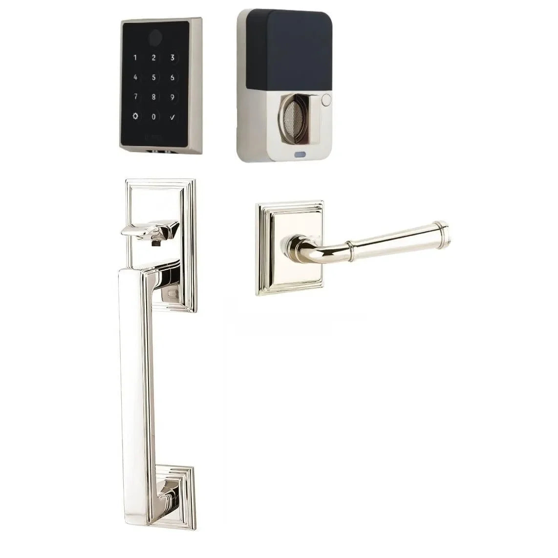 Emtek EMPowered 2 Touch Entry Set with Hamden Grip and Merrimack Lever Lifetime Polished Nickel